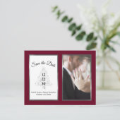 Burgundy Silver Winter Wedding Save the Date Foto Ankündigungspostkarte (Stehend Vorderseite)