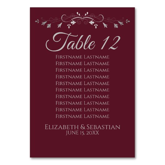 Burgundy SilverFlourish Wedding Seating Chart Tischnummer (Vorderseite)