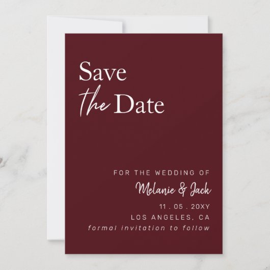 Burgundy Simple Calligraphy Foto Save the Date (Vorderseite)