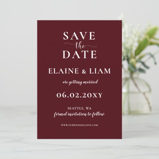 Burgundy Simple Calligraphy Modern Save the Date (Stehend Vorderseite)