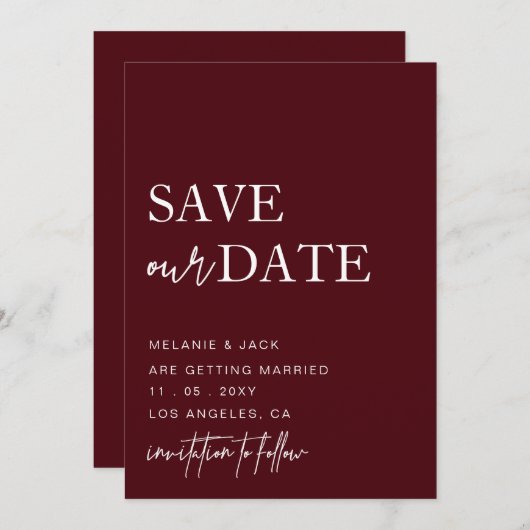 Burgundy Simple Calligraphy Save the Date (Vorne/Hinten)
