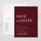 Burgundy Simple Calligraphy Save the Date Ankündigungspostkarte (Vorne/Hinten)