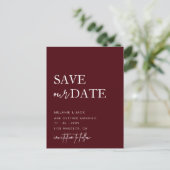 Burgundy Simple Calligraphy Save the Date Ankündigungspostkarte (Stehend Vorderseite)