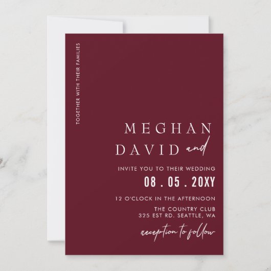 Burgundy Simple Elegante Moderne Hochzeit Einladung (Vorderseite)