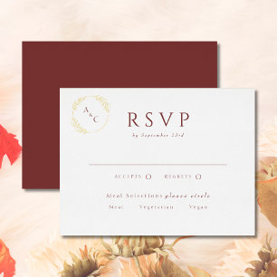 Burgundy Simple Monogram Leaves RSVP Gold Folie Einladungspostkarte