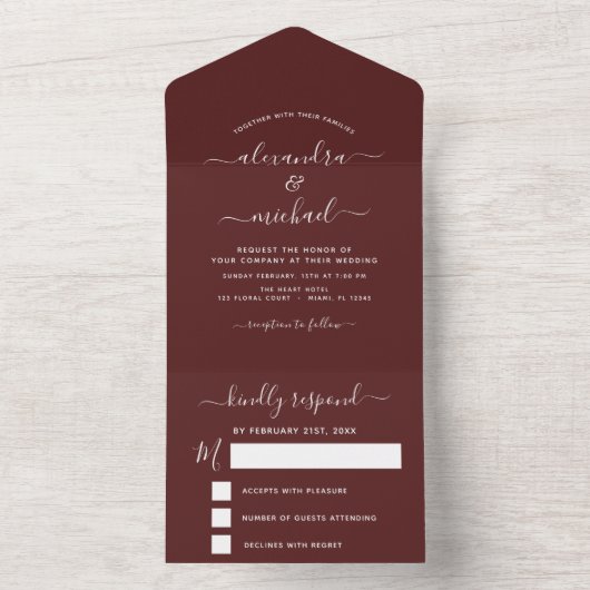 Burgundy Simple Wedding Modern Typografy Romantic All In One Einladung (Innen Boden)