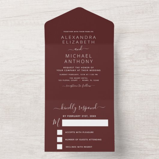 Burgundy Simple Wedding Modern Typografy Romantic All In One Einladung (Innen Boden)