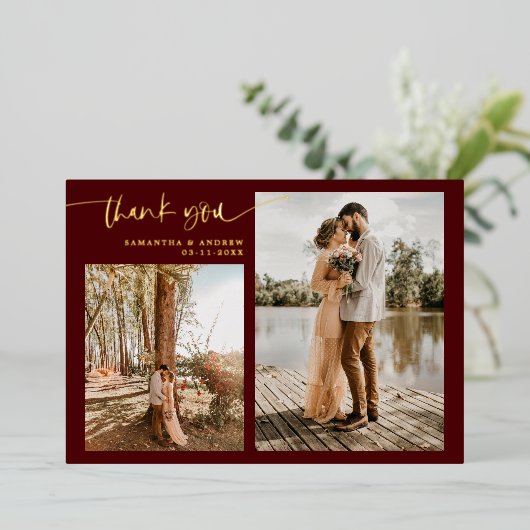 Burgundy Skript 5 Fotos danke Ihnen Hochzeit Folieneinladung (Stehend vorne)