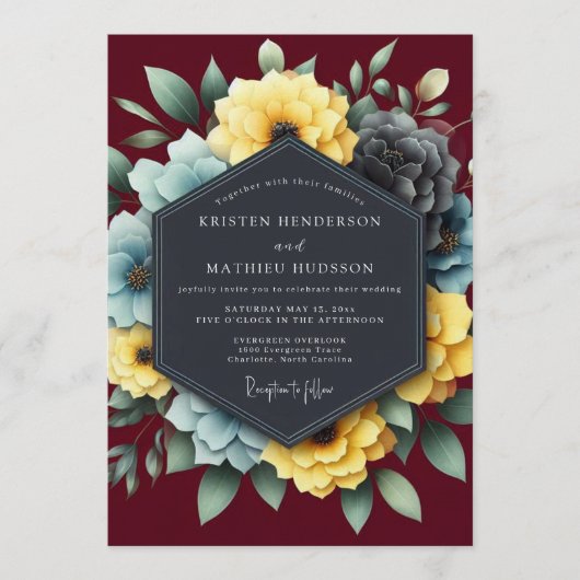 Burgundy & Slate Dramatic Bloom Wedding Einladung (Vorderseite)