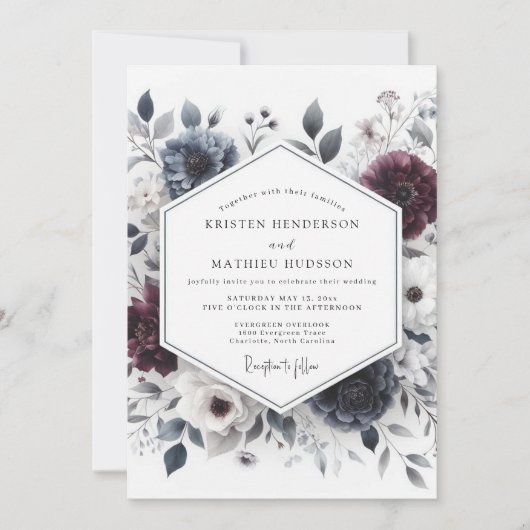 Burgundy & Slate Ethereal Bloom Wedding Einladung (Vorderseite)
