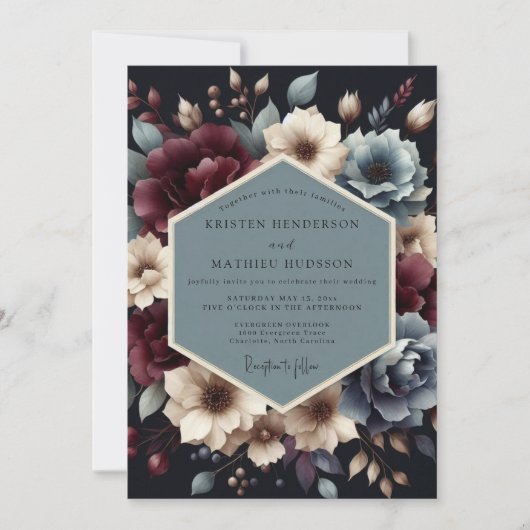 Burgundy Slate Nocturnal Bloom Wedding Einladung (Vorderseite)