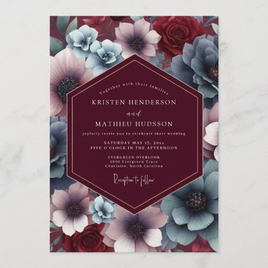 Burgundy Slate Twilight Bloom Wedding Einladung (Vorderseite)