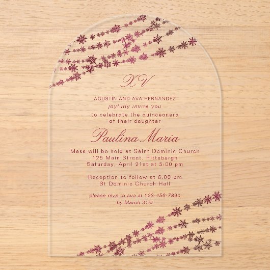Burgundy Snowflakes Winter Quinceañera Acryleinladungen (Vorderseite)