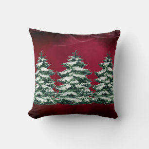 Burgundy Snowy Evergreen Trees Kissen