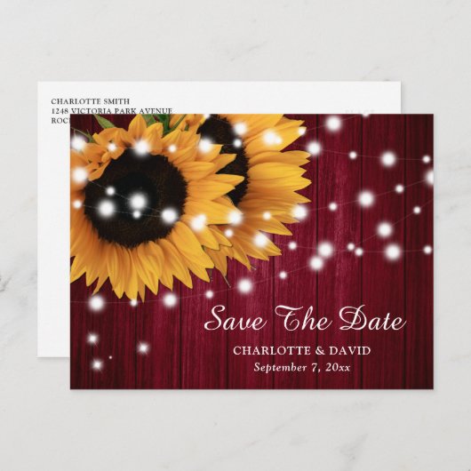Burgundy Sonnenblume Hochzeit speichern Datum Post Ankündigungspostkarte (Vorne/Hinten)