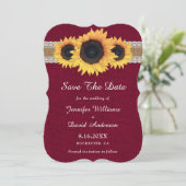 Burgundy Sonnenblume Rustic Burlap Lace Wedding Save The Date (Stehend Vorderseite)