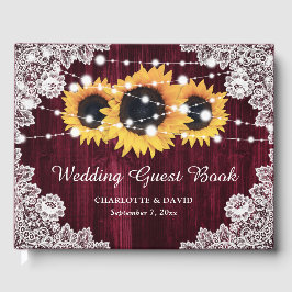 Burgundy Sonnenblume Rustic Wood Lace Wedding Gästebuch