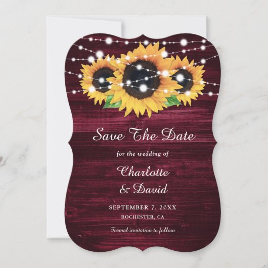 Burgundy Sonnenblume Rustikale Holz String Lights Save The Date (Vorderseite)