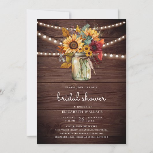 Burgundy Sonnenblumen Holz QR Code Brautparty Einladung (Vorderseite)