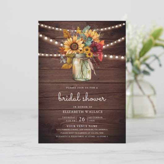 Burgundy Sonnenblumen Holz QR Code Brautparty Einladung (Stehend Vorderseite)