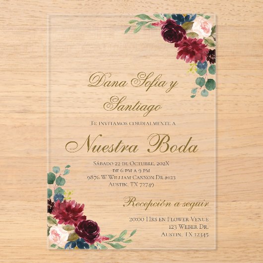 Burgundy Spanish Wedding Akryllische Einladung (Vorderseite)