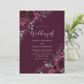 Burgundy Sparkle Blume Silver Elegante Hochzeit Einladung (Stehend Vorderseite)