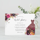 Burgundy Sparkle Dress Floral Brautparty Einladung (Stehend Vorderseite)