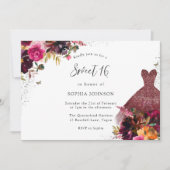 Burgundy Sparkle Dress Floral Sweet 16 Party Einladung (Vorderseite)