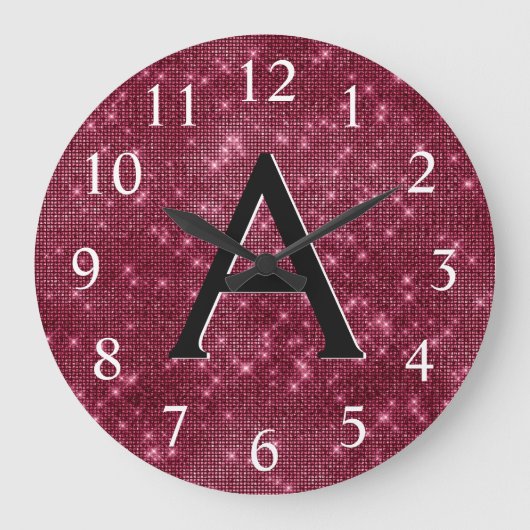 Burgundy Sparkle Shimmer Monogram Name & Initial Große Wanduhr (Vorderseite)