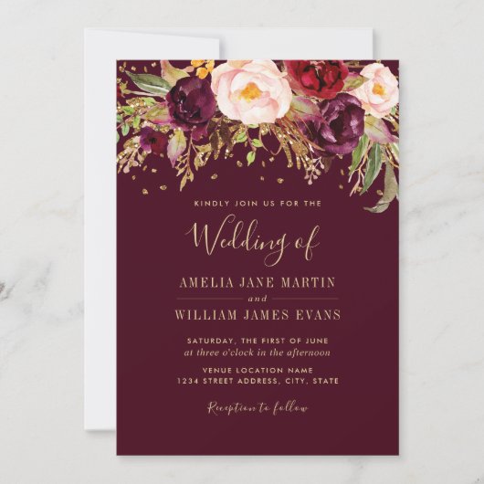 Burgundy Sparkling Marsala Wedding Einladung (Vorderseite)