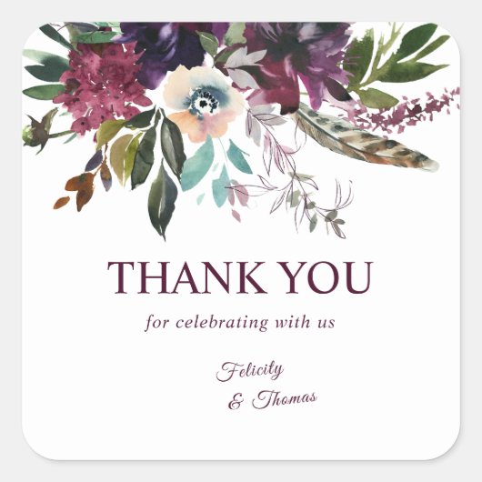 Burgundy Splendor Boho Floral White Thank You Quadratischer Aufkleber (Vorderseite)