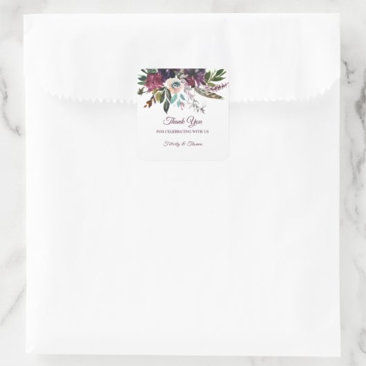 Burgundy Splendor Floral White Thank You Quadratischer Aufkleber (Tasche)
