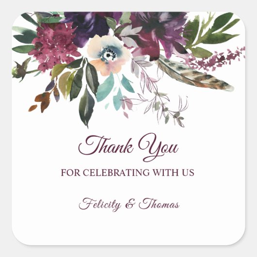 Burgundy Splendor Floral White Thank You Quadratischer Aufkleber (Vorderseite)