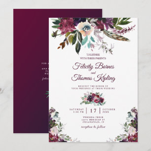 Burgundy Splendor Watercolor Floral White Wedding Einladung