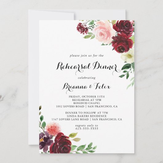 Burgundy Spring Calligraphy Probe Dinner Einladung (Vorderseite)