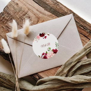 Burgundy Spring Elegant Floral Wedding Envelope Runder Aufkleber