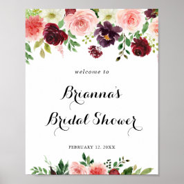 Burgundy Spring Floral Brautparty Willkommen Poster