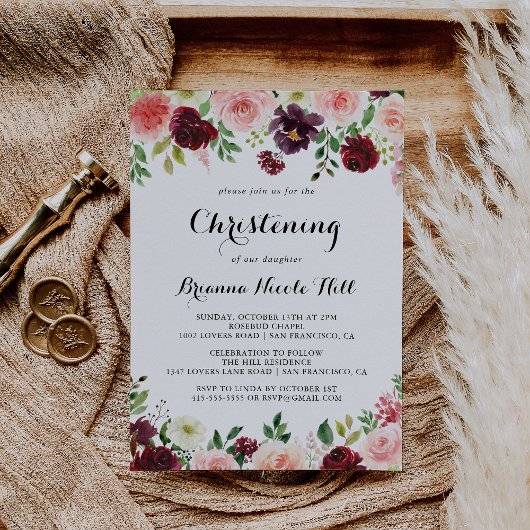 Burgundy Spring Floral Calligraphy Christening Einladung