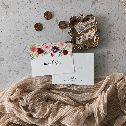 Burgundy Spring Floral Calligraphy Flat Wedding Dankeskarte