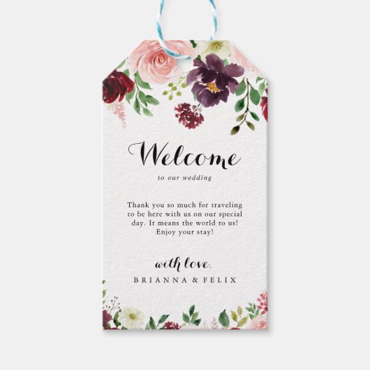 Burgundy Spring Floral Calligraphy Wedding Willkom Geschenkanhänger (Vorderseite)