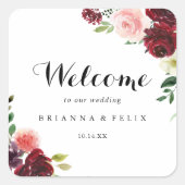 Burgundy Spring Floral Calligraphy Wedding Willkom Quadratischer Aufkleber (Vorderseite)