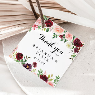 Burgundy Spring Floral Moderne Kalligrafie Hochzei Geschenkanhänger