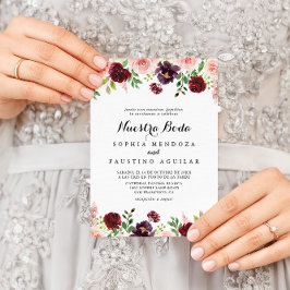 Burgundy Spring Floral Nuestra Boda Wedding Einladung