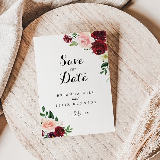 Burgundy Spring Floral Save the Date Postkarte
