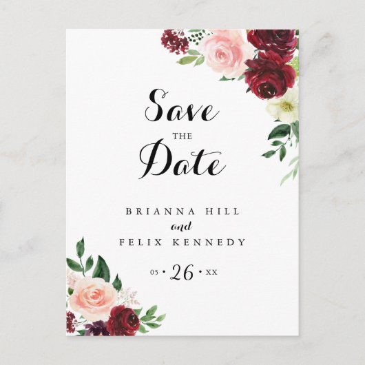 Burgundy Spring Floral Save the Date Postkarte (Vorderseite)