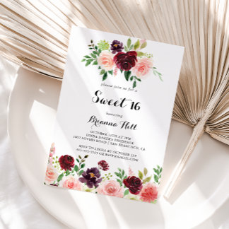 Burgundy Spring Floral Sweet 16 Geburtstagsparty Einladung