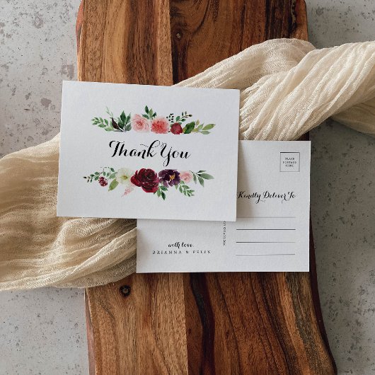 Burgundy Spring Pink Floral Calligraphy Vielen Dan Postkarte