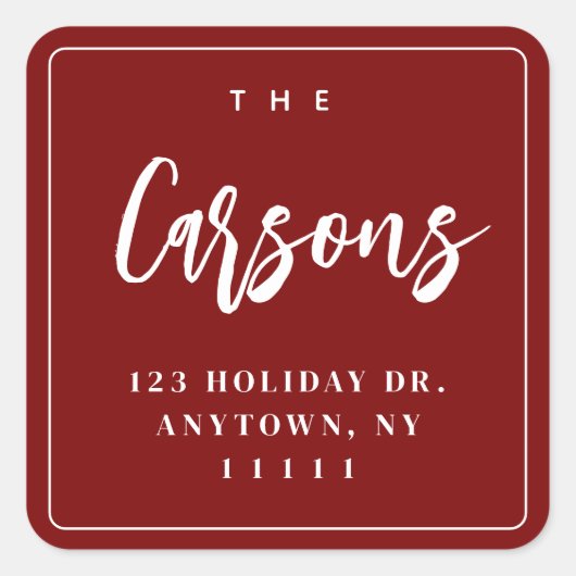 Burgundy Square Modern Script Return Address Label Quadratischer Aufkleber (Vorderseite)