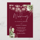 Burgundy String Lights Floral Monogram Wedding Einladung (Vorne/Hinten)