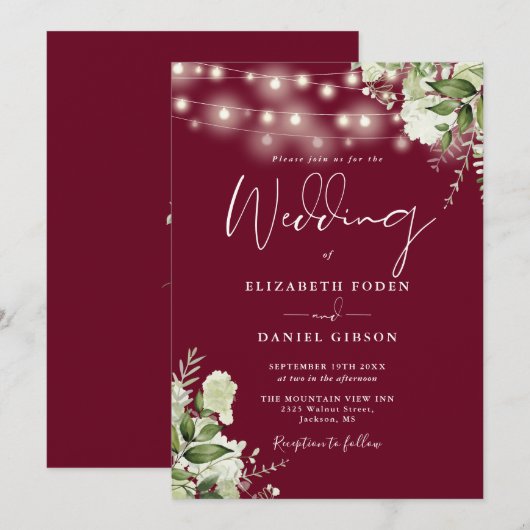 Burgundy String Lights Floral Monogram Wedding Einladung (Vorne/Hinten)